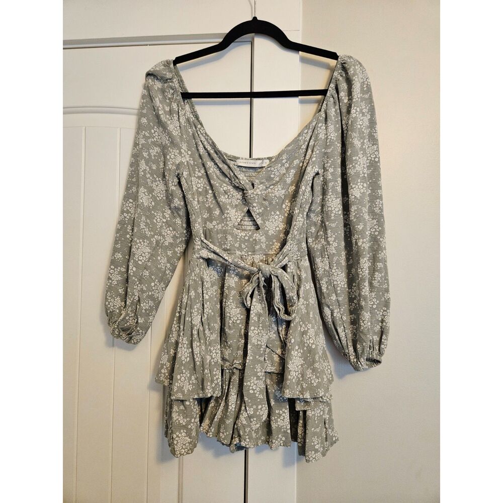 Altard State Sage Green Floral Long Sleeve Tiered Ruffle Romper Dress XS